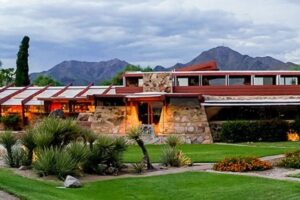 photo of Taliesin West in Scottsdale, Arizona with the mountains in the background