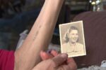 photo of a holocaust survivor sharing her numbered tattoo and a photo of her as a child
