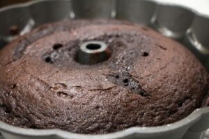 picture of a dairy free chocolate bundt cake in a pan