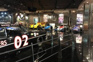 photo of a number of racing cars in Penske Racing Museum in Phoenix, Arizona including Roger Penske's racing car