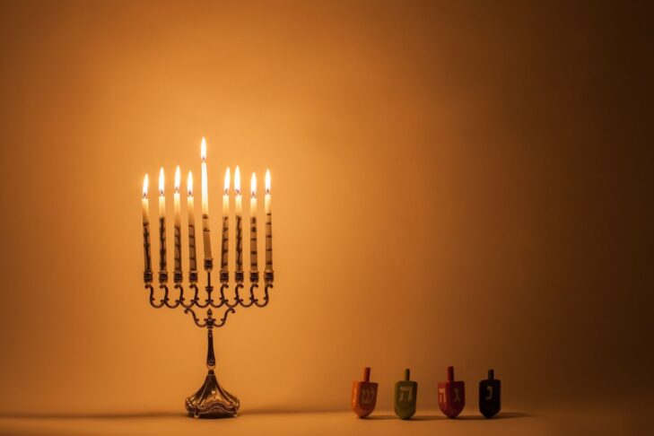 photo of a dark background lit up from the lights of a menorah along side four driedels standing up