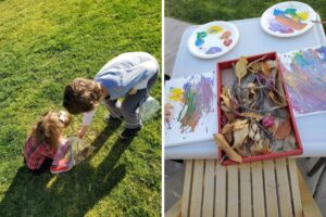 collage of photos of kids collecting items to use as nature painting and then them creating their artwork using what they found