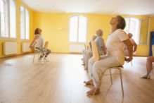 Image of a group of seniors participating in a chair yoga class