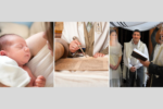 Image of a newborn baby, a bar mitzvah, and a Jewish wedding