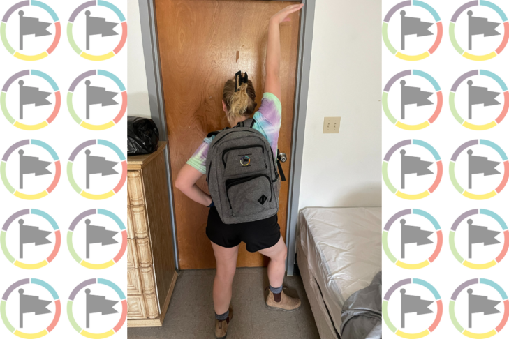 Image of Leah striking a pose wearing her 10-year backpack