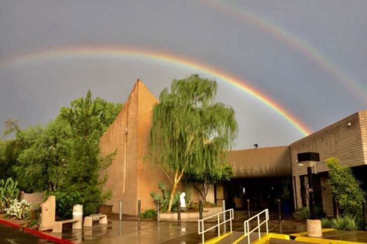 photo of Temple Solel in Paradise Valley, Arizona after the rain with a double rainbow