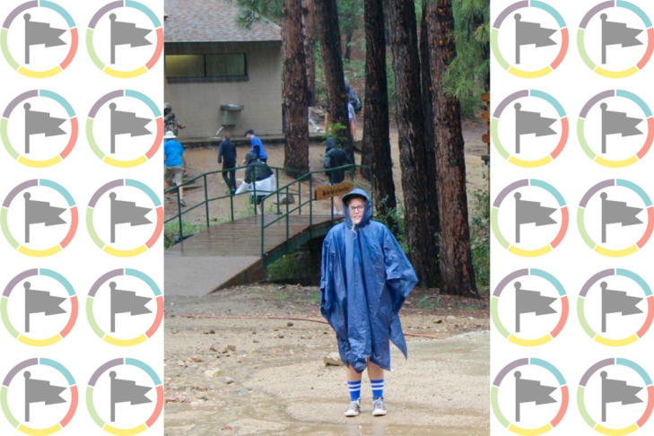 Image of Leah walking around camp during a rainy day