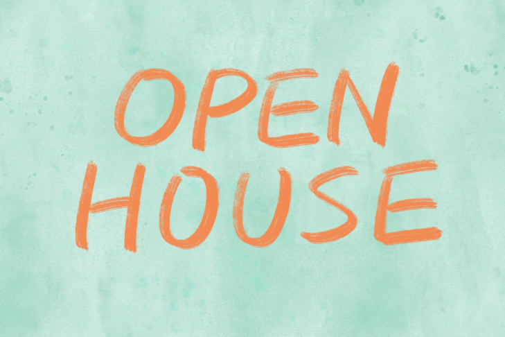 Image of a green background with orange words saying open house