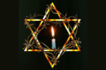 Image of a golden Jewish star wrapped in barbed wire and a lit candle in the middle and a black background